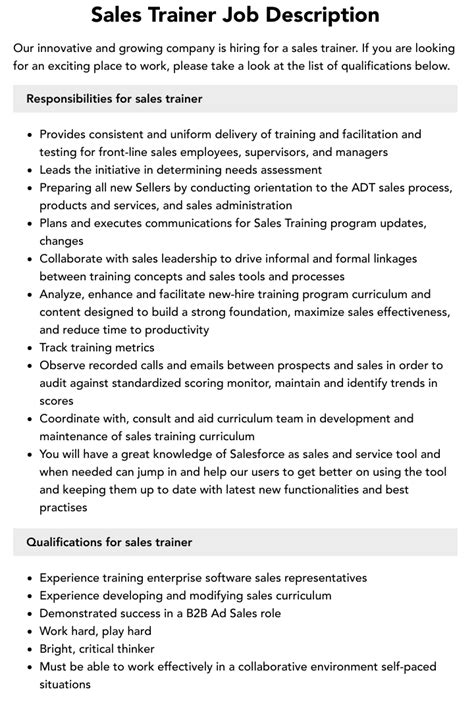 field sales trainer job description.